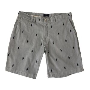 POLO RALPH LAUREN Men's Size 36‎ Shorts Blue White Seersucker All Over Pony AOP
